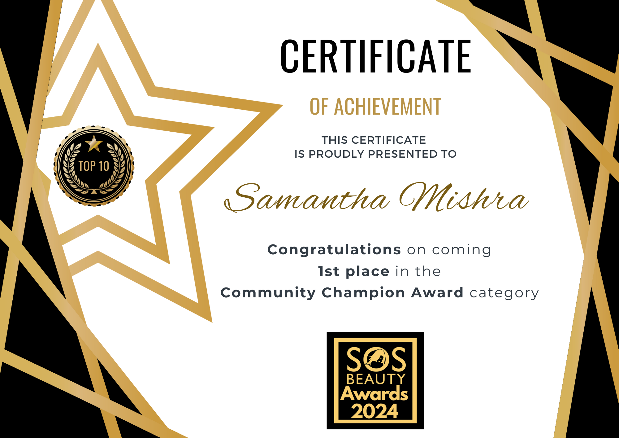SOS Beauty Awards 2024 (National) - UK Community Champion(Winner)