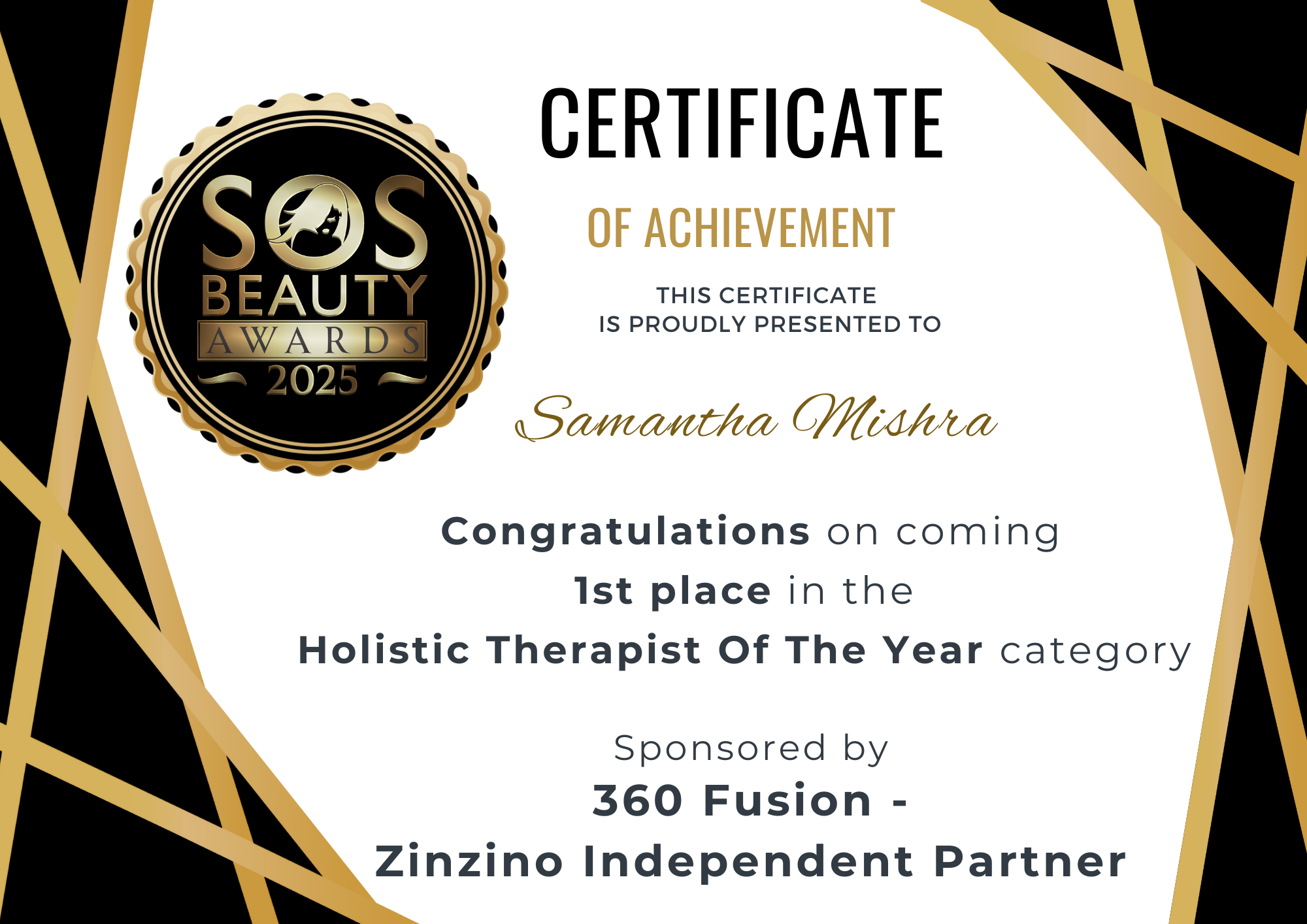 SOS Beauty Awards 2025 (National) - Holistic Therapist of the Year - 1st Place