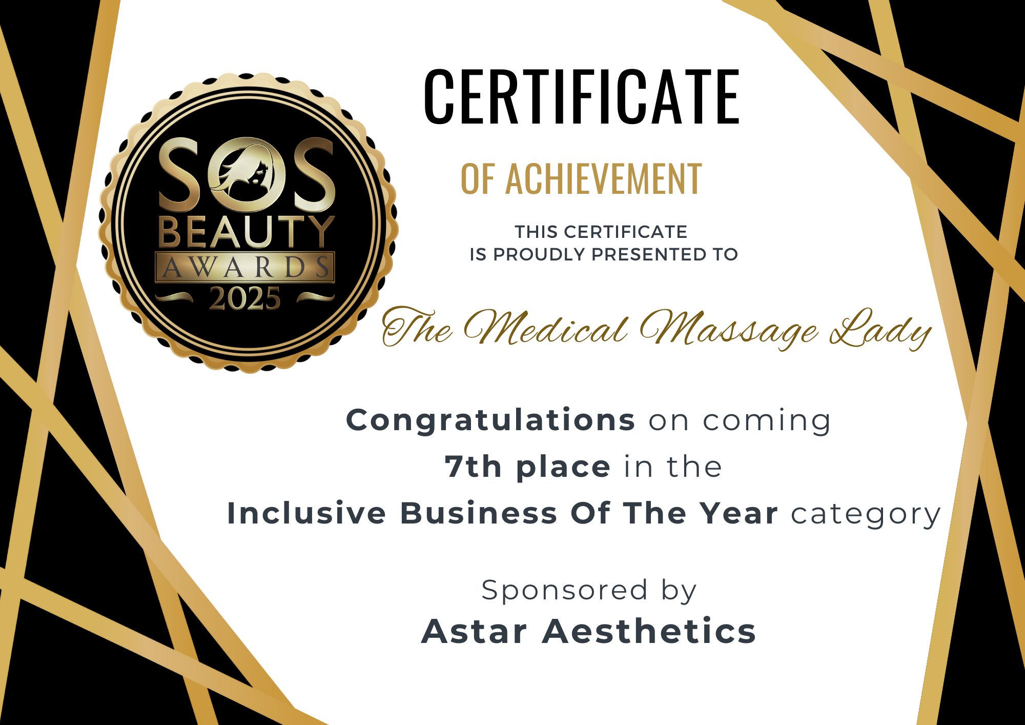 SOS Beauty Awards 2025 (National) - UK Inclusive Business of the Year -7th Place